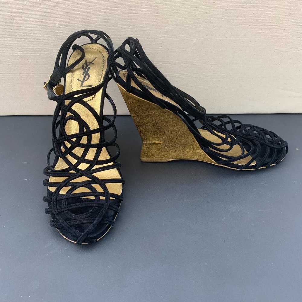Yves Paris Saint Laurent Black and Gold Wedges Size 10.5